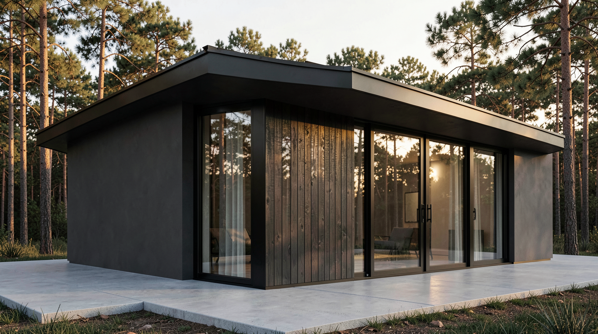 NORDEN Premium — antraciet crepi met donker verticaal hout en groot glas